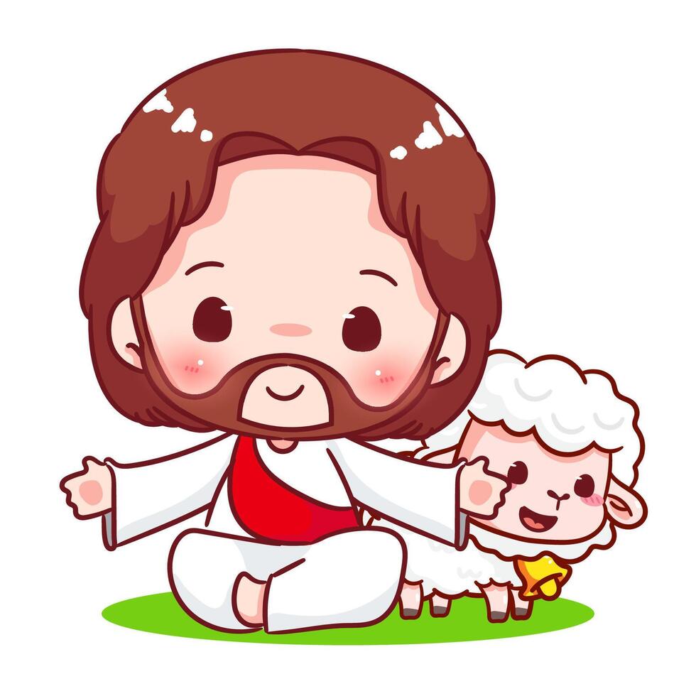 Cute Jesus and the lamb chibi cartoon character. Christian Catholic concept design. Icon mascot illustration. vector