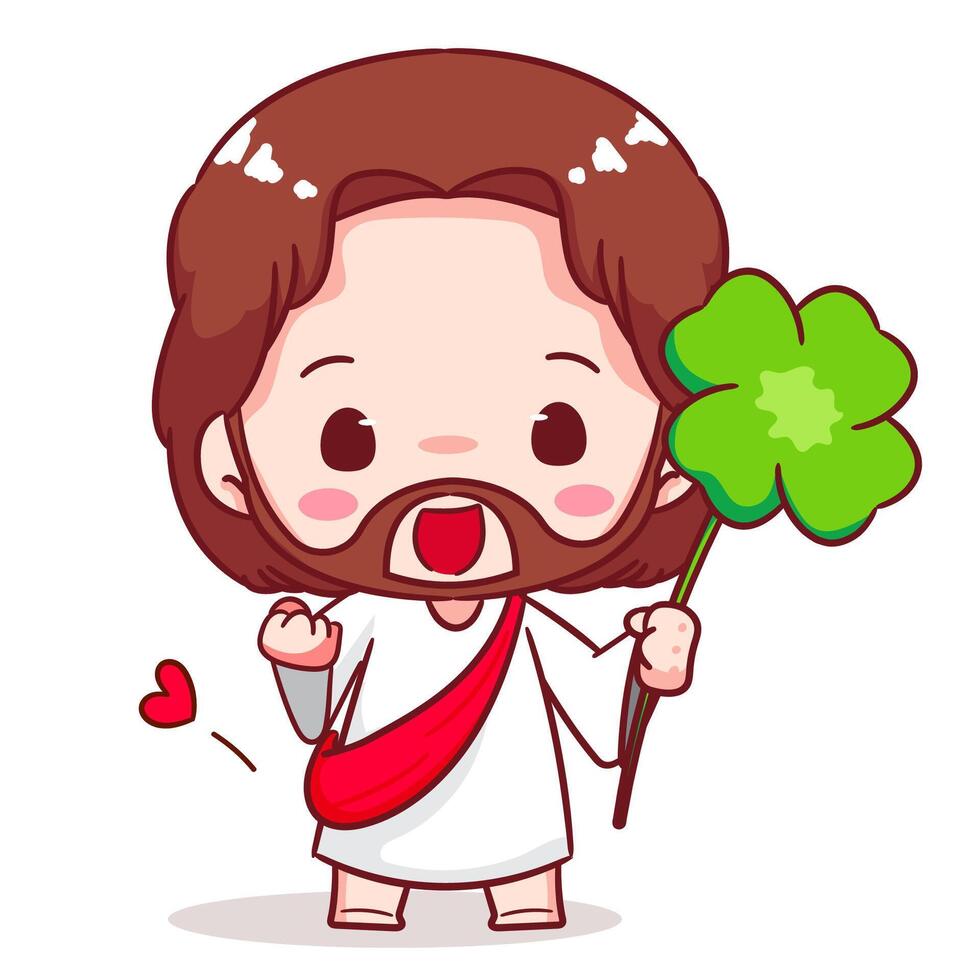 Cute Jesus chibi holding clover leaf cartoon character. Christian Catholic concept design. Icon mascot illustration. vector