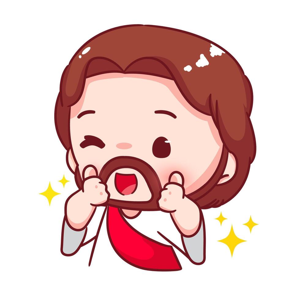 Cute Jesus chibi thumbs up cartoon character. Christian Catholic concept design. Icon mascot illustration. vector