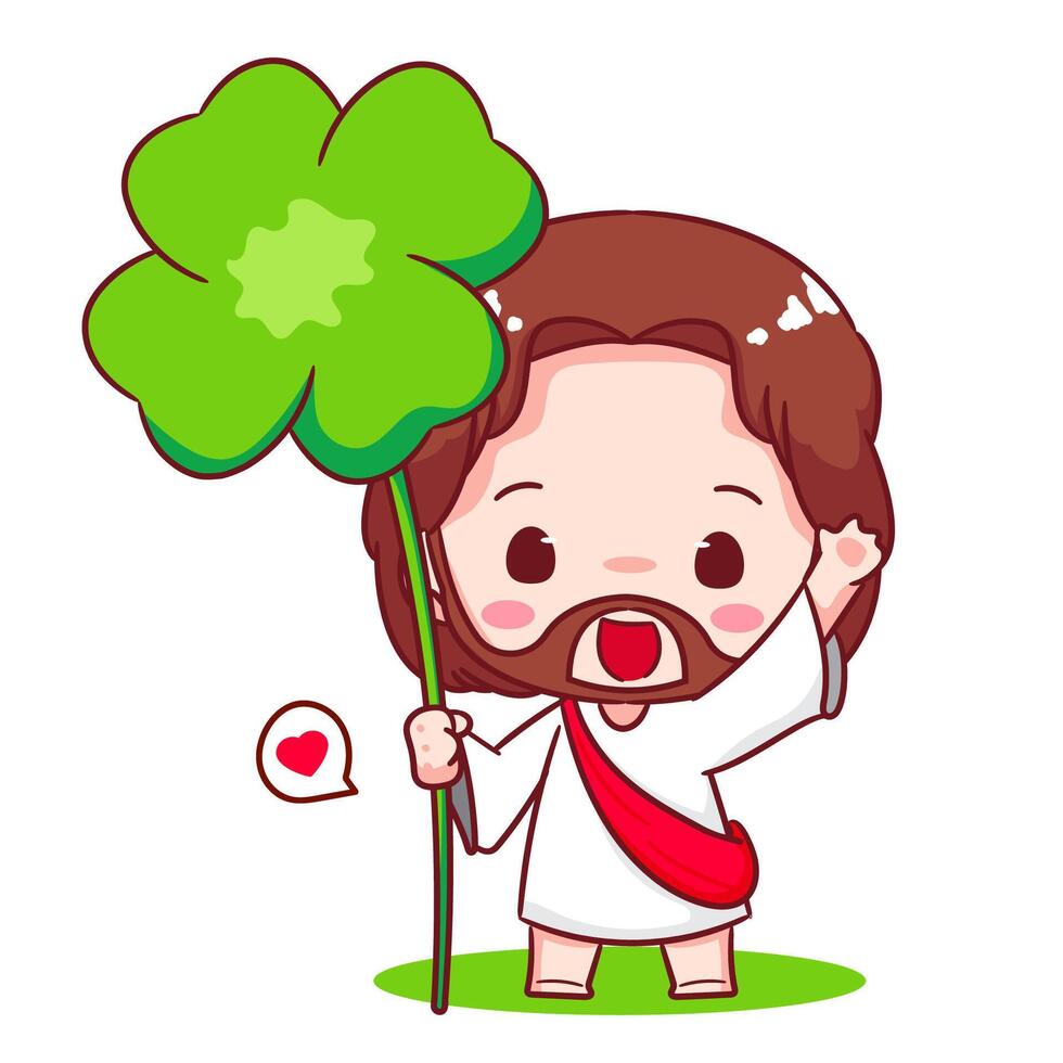 Cute Jesus chibi holding clover leaves cartoon character. Christian Catholic concept design. Icon mascot illustration. vector