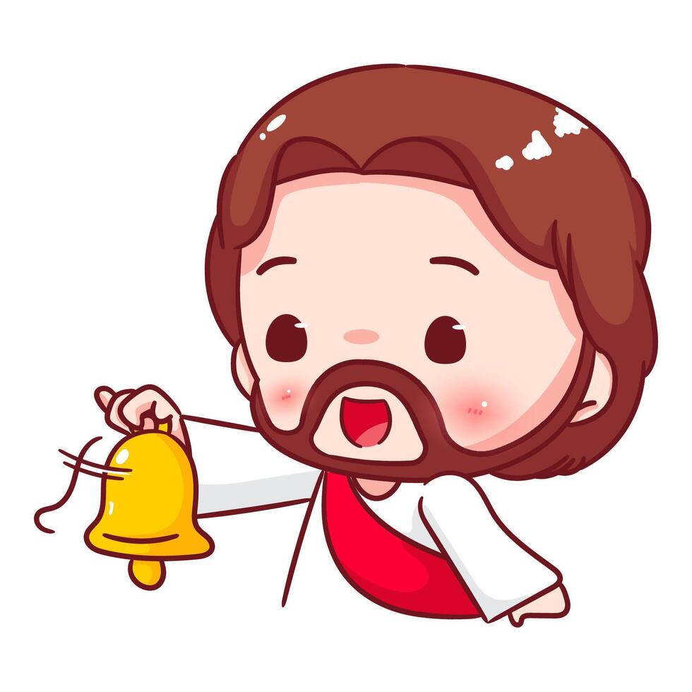 Cute Jesus chibi holding golden ring bell cartoon character. Christian Catholic concept design. Icon mascot illustration. vector