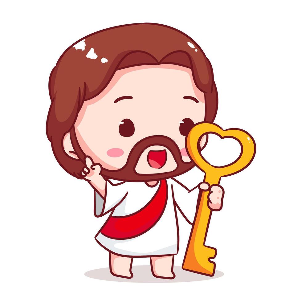 Cute Jesus chibi holding golden key cartoon character. Christian Catholic concept design. Icon mascot illustration. vector