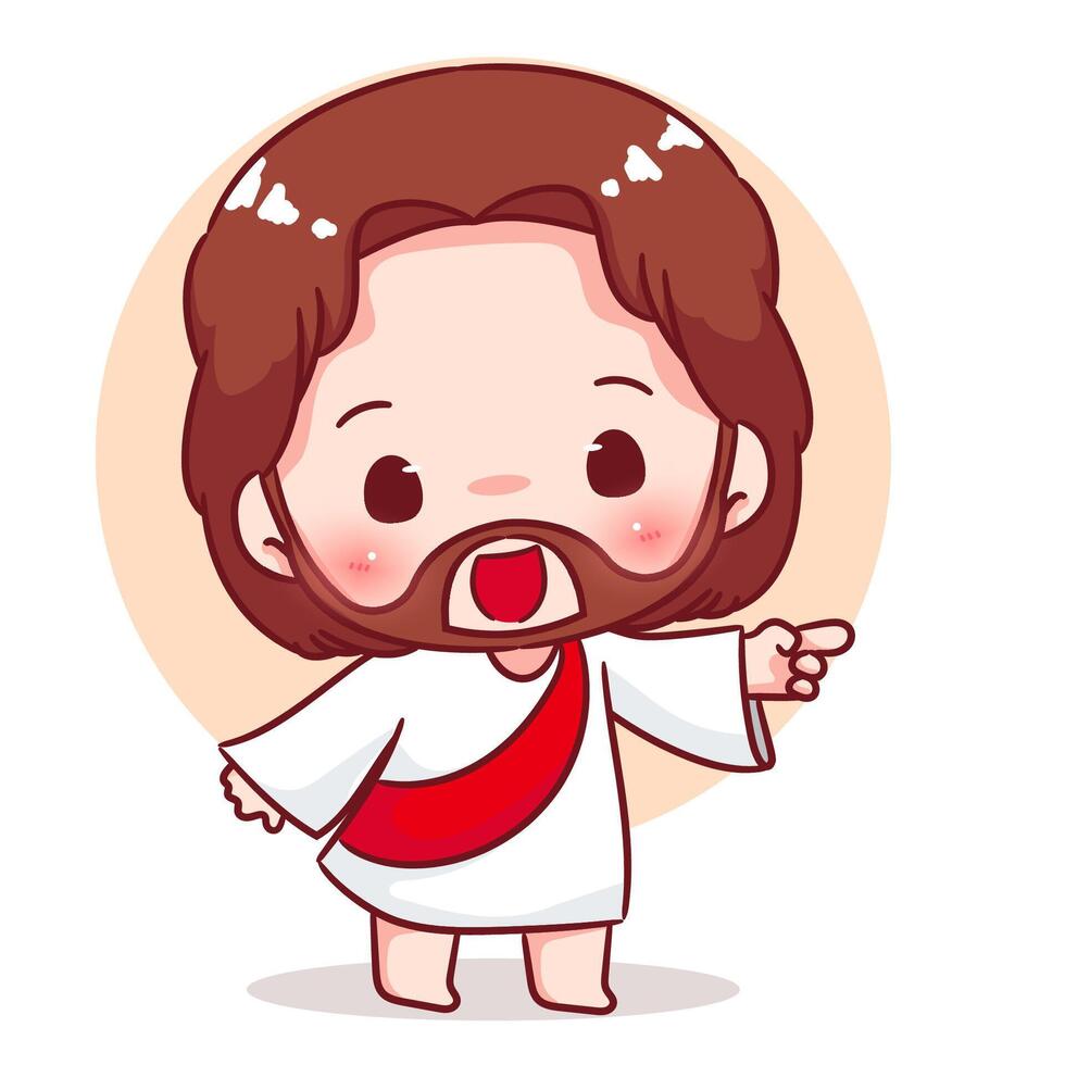 Cute Jesus chibi pointing hand cartoon character. Christian Catholic concept design. Icon mascot illustration. vector