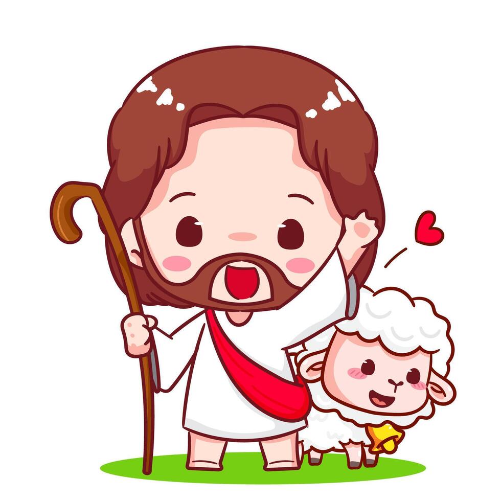 Cute Jesus chibi with the sheep cartoon character. Christian Catholic concept design. Icon mascot illustration. vector
