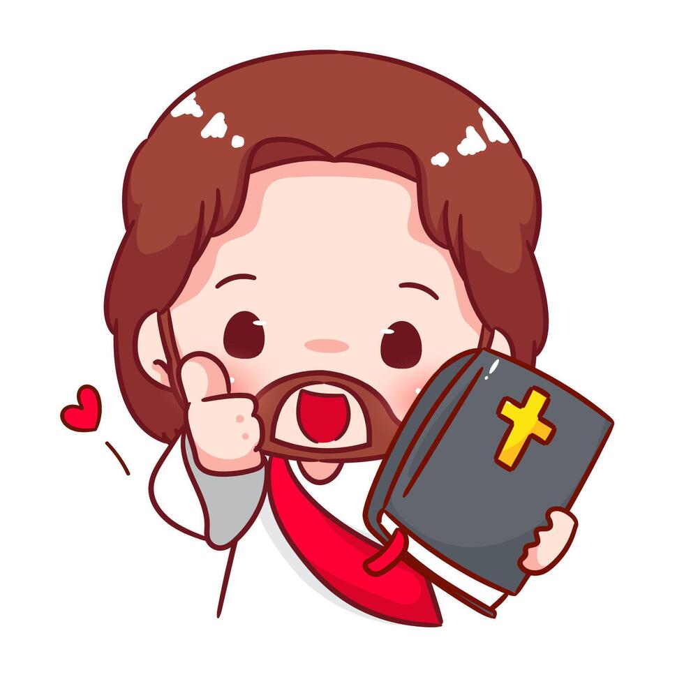 Cute Jesus chibi holding bible and thumb up cartoon character. Christian Catholic concept design. Icon mascot illustration. vector