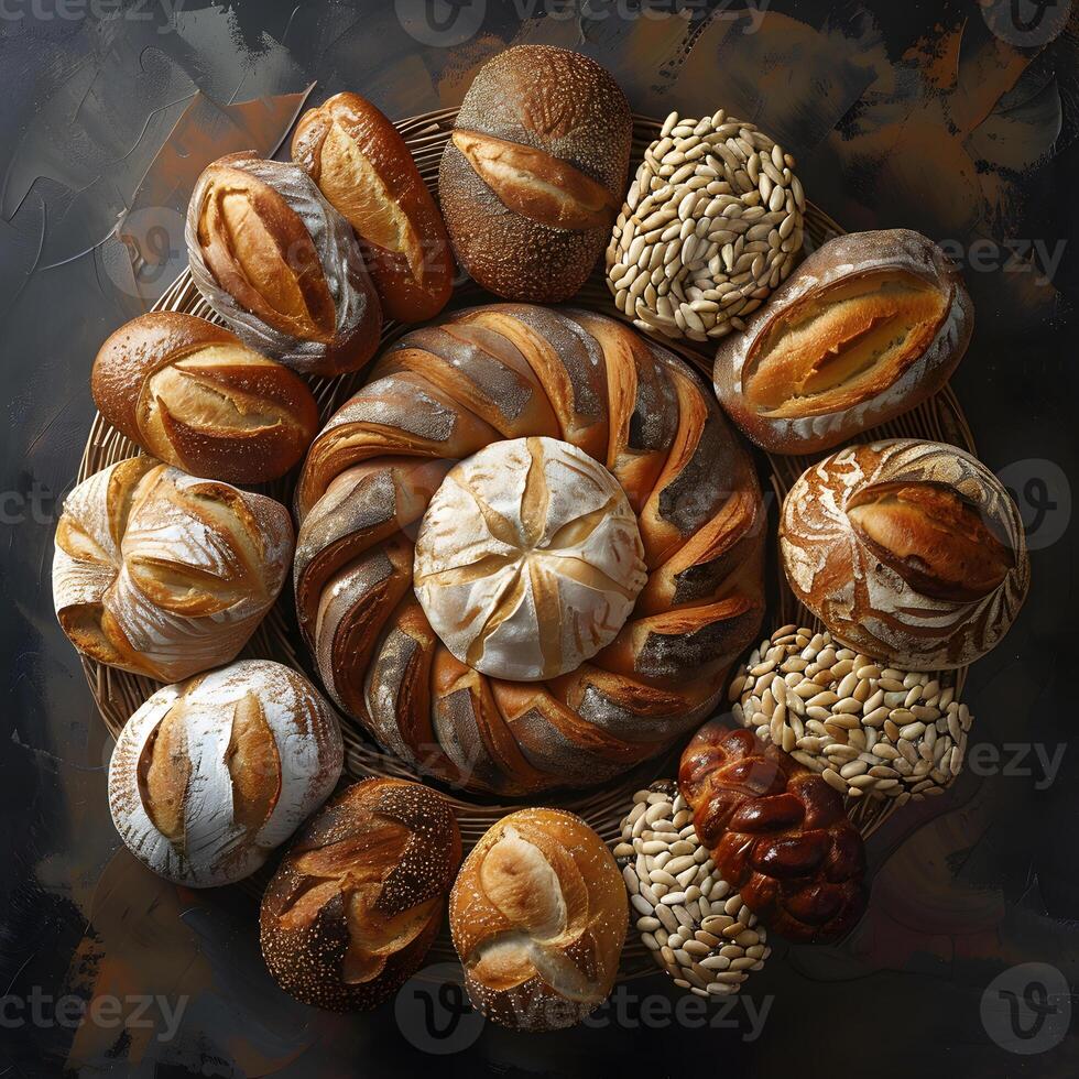Assorted breads displayed in a circular arrangement on a wooden table photo
