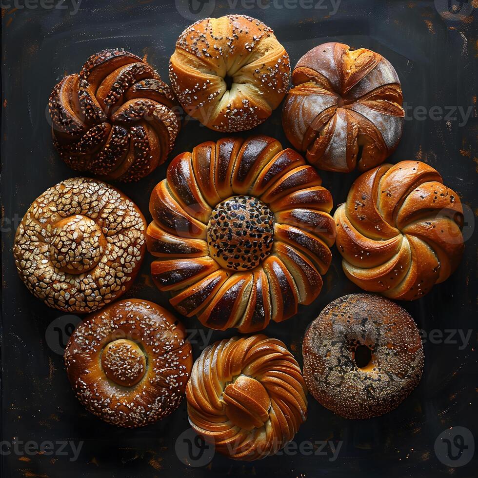 Various bread types arranged in a circle on a table photo