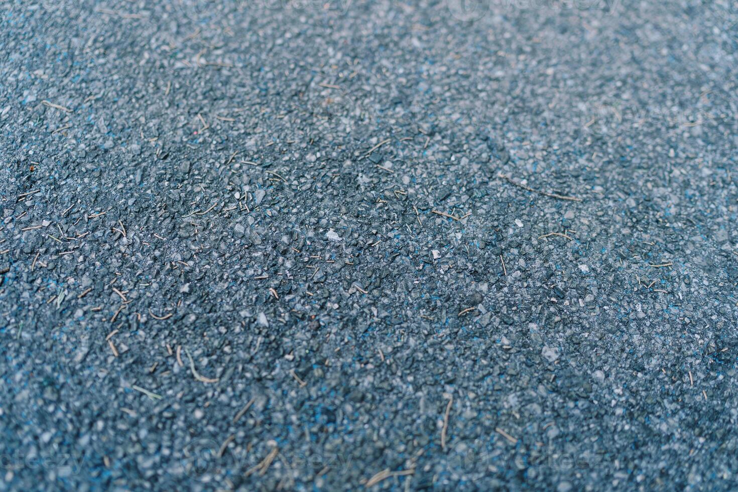Texture of gray asphalt with small blades of grass lying on it photo