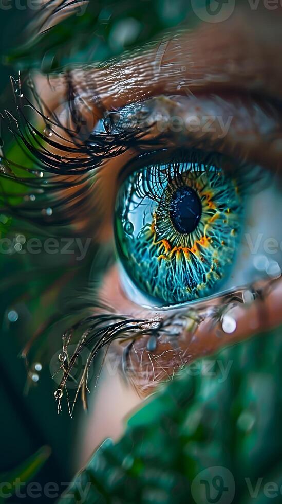 Emerald Eye Close-Up with Water Droplets and Green Foliage photo