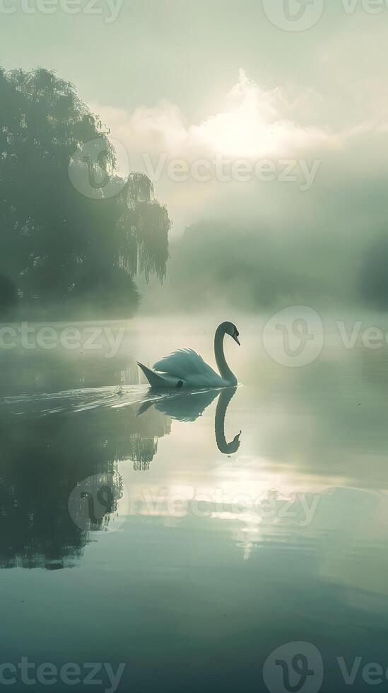 Swan on misty lake, sun reflections, tranquil dawn scene photo