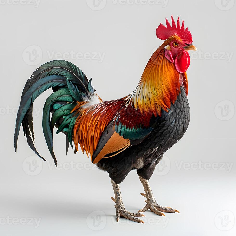 Colorful Phasianidae bird with comb and beak standing on white background photo