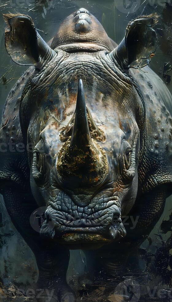 a rhinoceros is standing in the water and looking at the camera photo