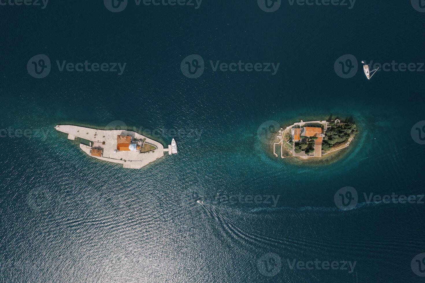 Island of Gospa od Skrpjela near the island of St. George in the sea. Montenegro. Top view photo