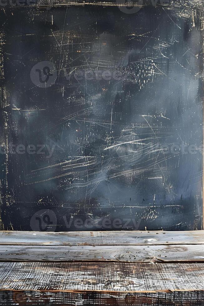 Rectangular hardwood table with blackboard backdrop photo