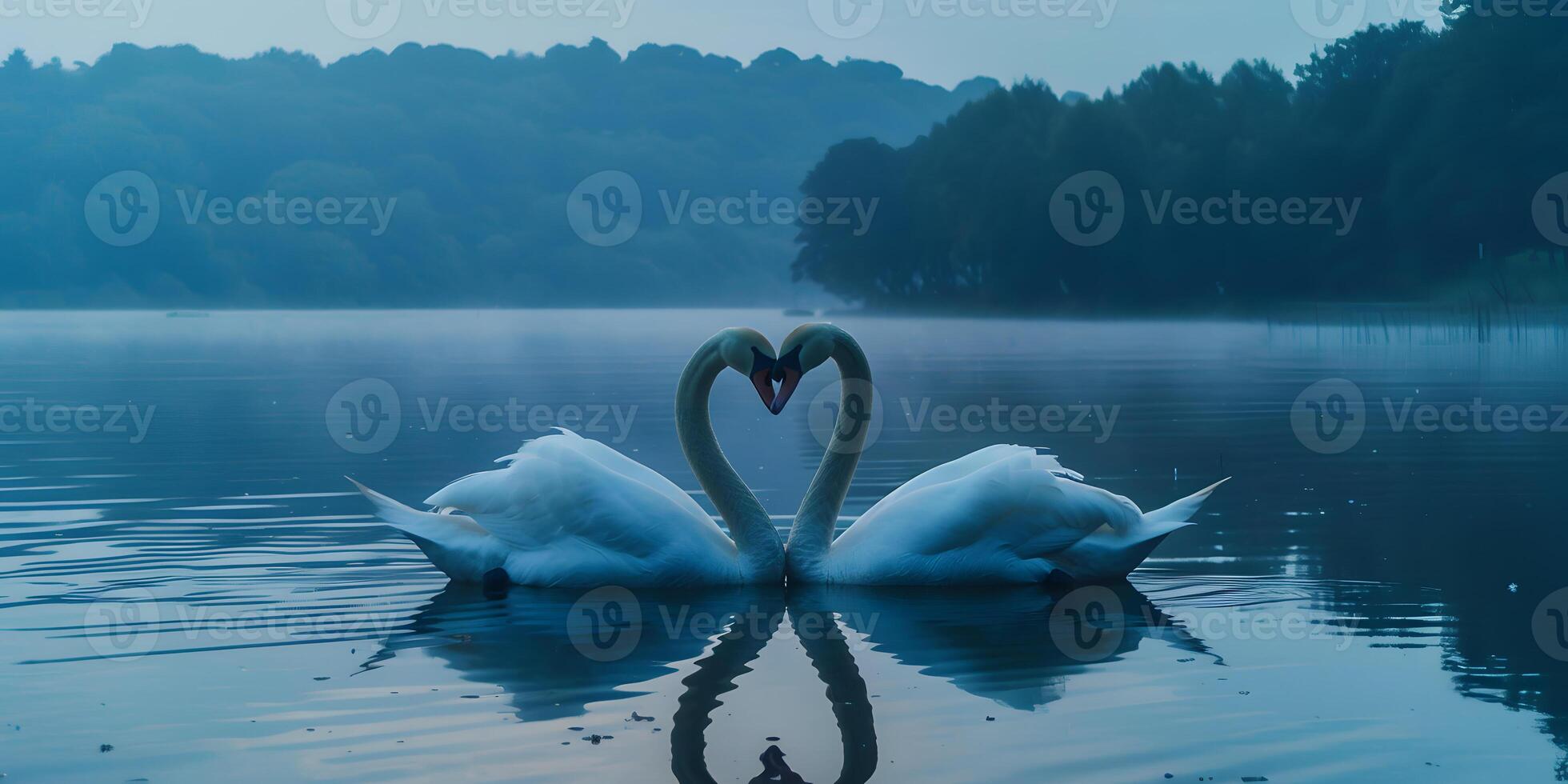 Two swans create a heart shape with their necks in the calm water photo