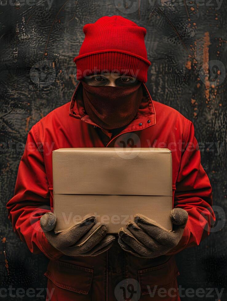 Man in red jacket and cap holding a box standing next to a tree photo