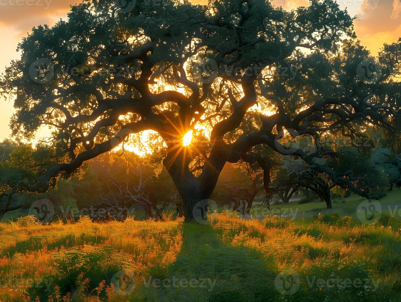 Majestic oak tree at sunset in lush meadow, tranquil countryside photo
