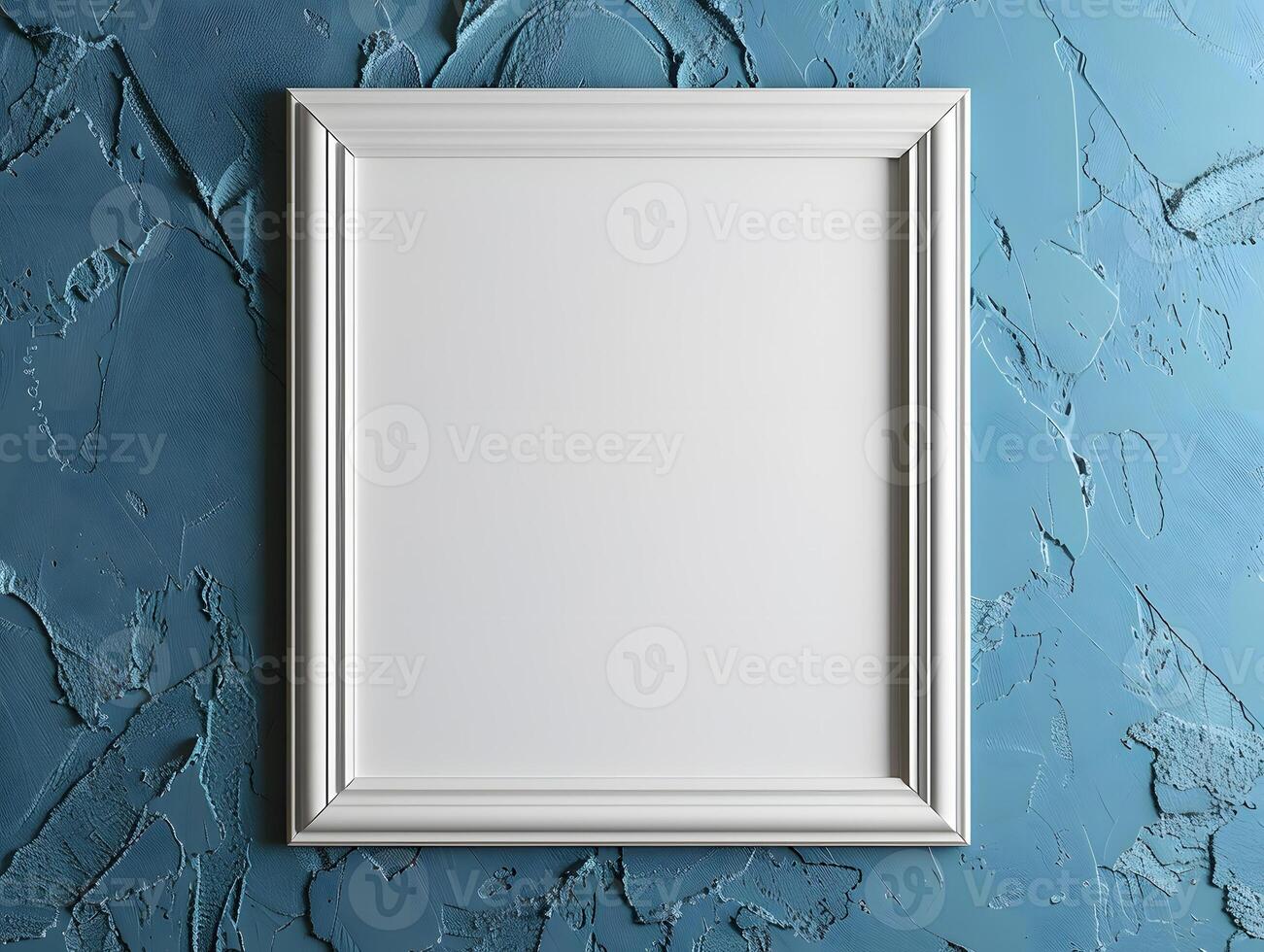 Rectangle white picture frame on electric blue wall with glass transparency photo