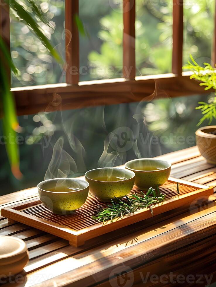 Three cups of Bancha green tea on a tray on a table photo