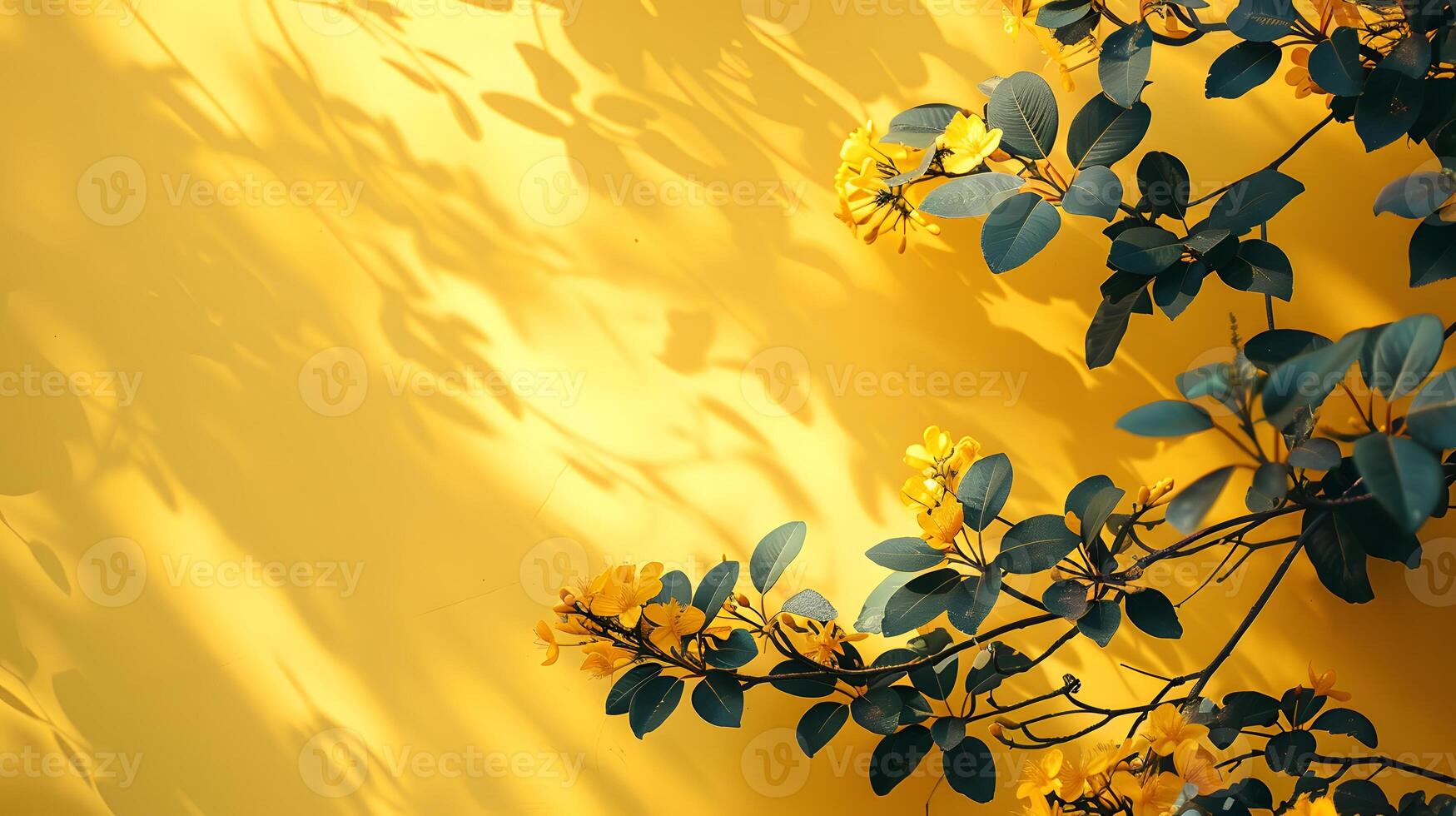 Twig with yellow flowers and green leaves on electric blue sky background photo