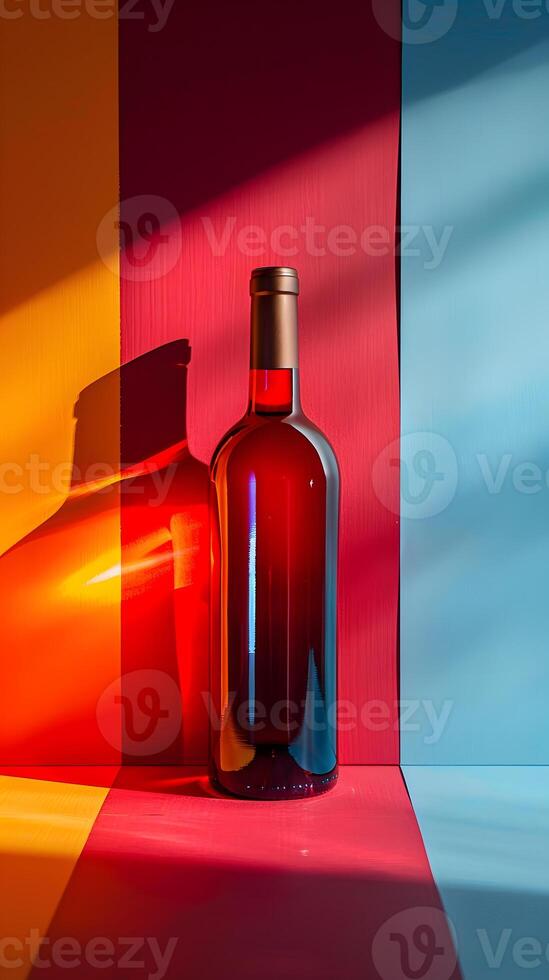 A glass bottle of wine stands on a vibrant table, ready to be enjoyed photo