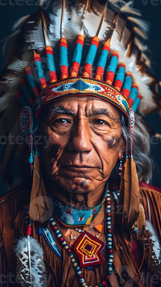 a close up of a man wearing a native american headdress photo