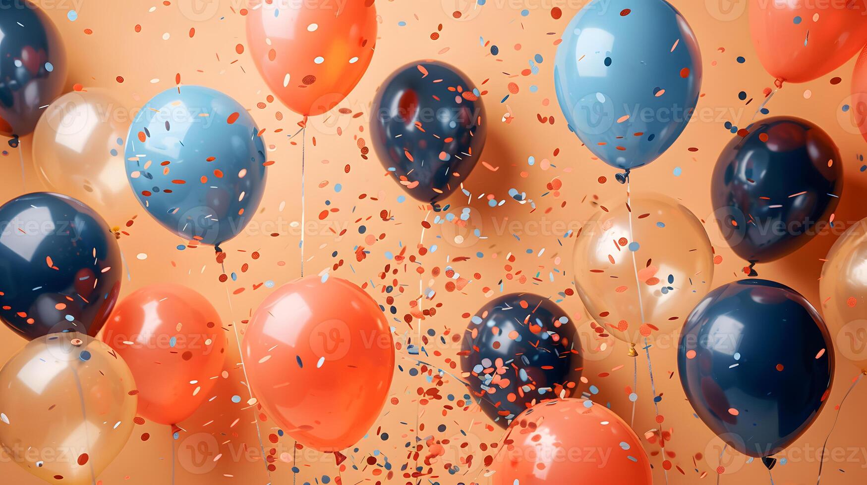Colorful balloons and confetti soar through the sky in a festive celebration photo