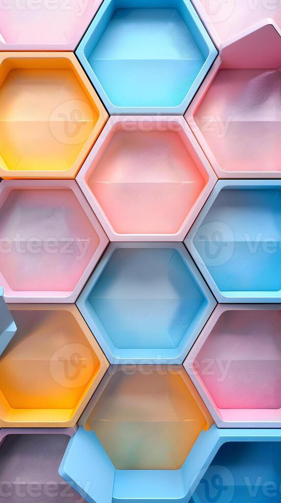 Colorful hexagons stacked symmetrically in electric blue and magenta pattern photo