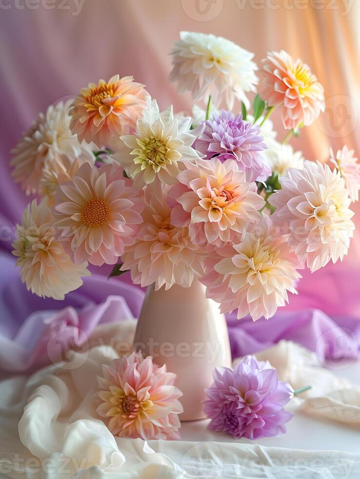 A bouquet of pink and purple flowers arranged creatively in a vase on a table photo