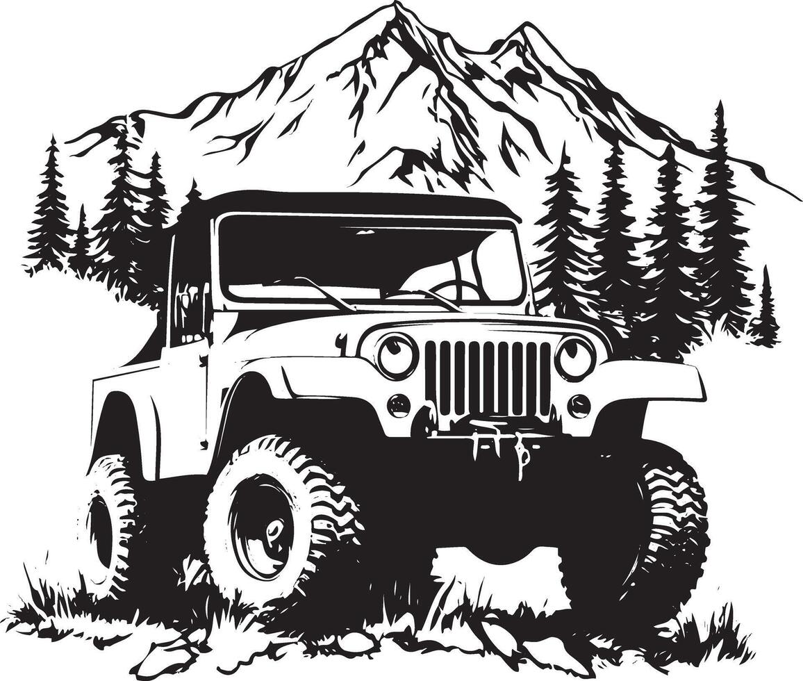 A bold black and white t-shirt graphic of a rugged jeep traversing a mountainous forest landscape vector