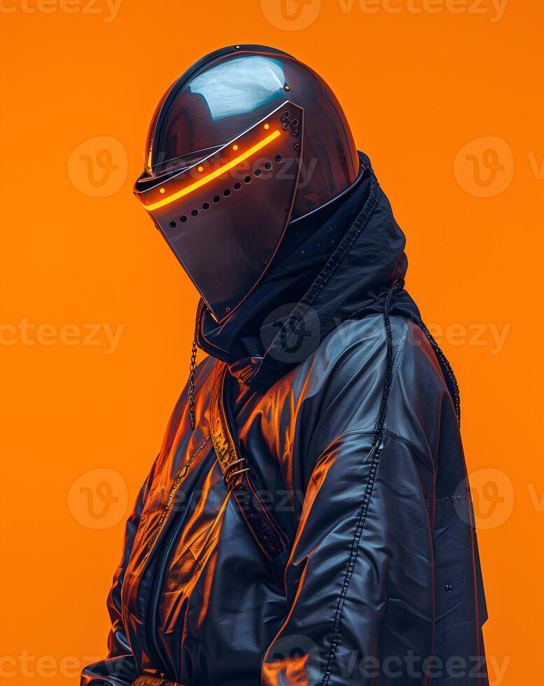 Person in black jacket and helmet in front of orange background photo