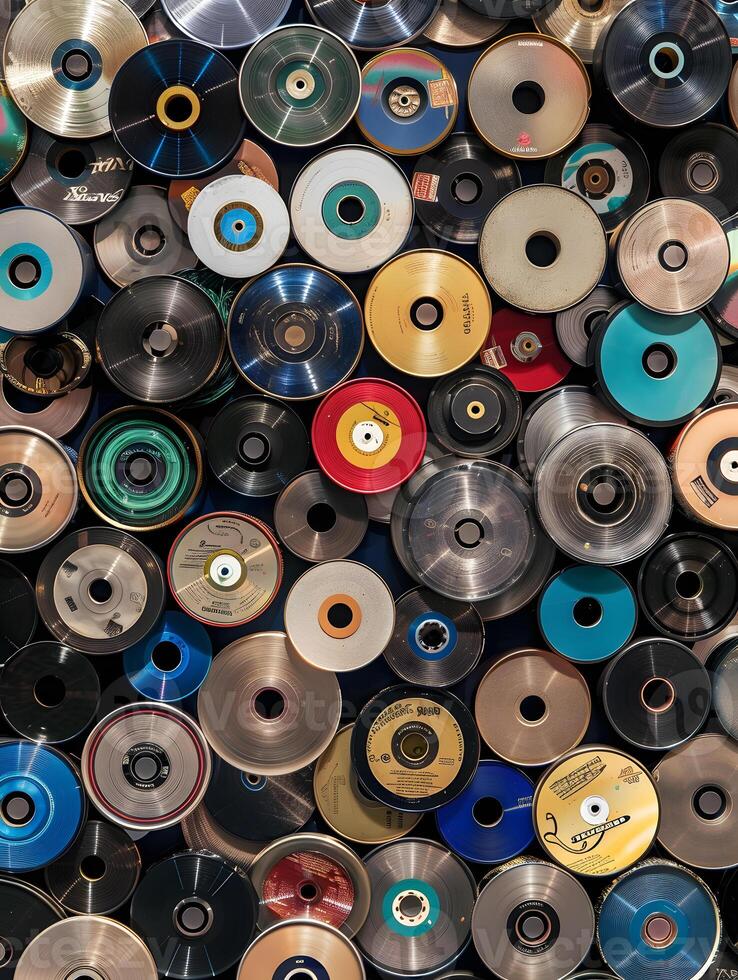 Colorful vintage CDs and DVDs, overlapping music and data discs photo