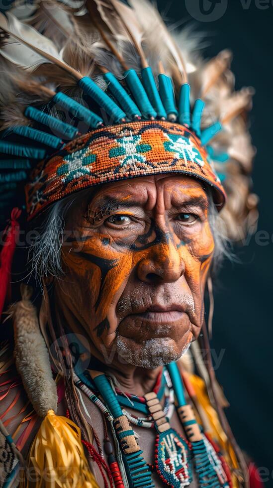 Closeup of a Native American man with feathers on head photo