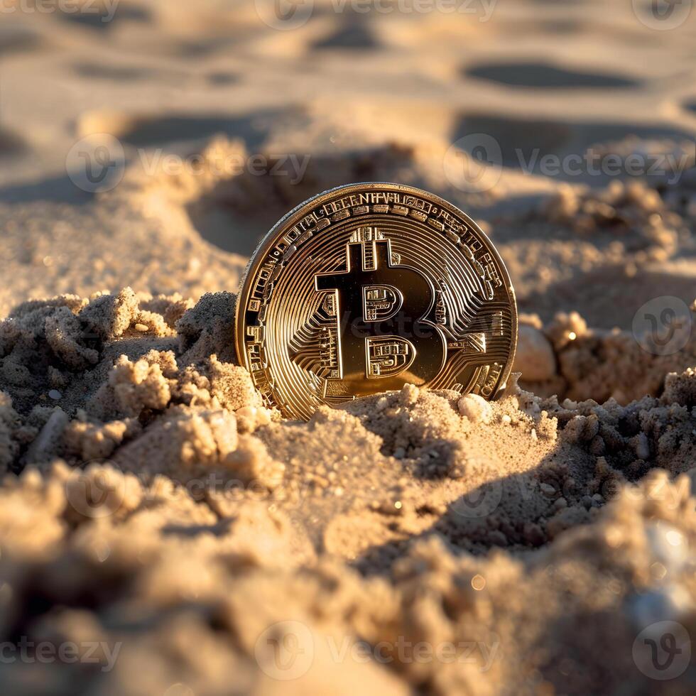 Bitcoin on beach symbolizes financial innovation, wealth in future photo