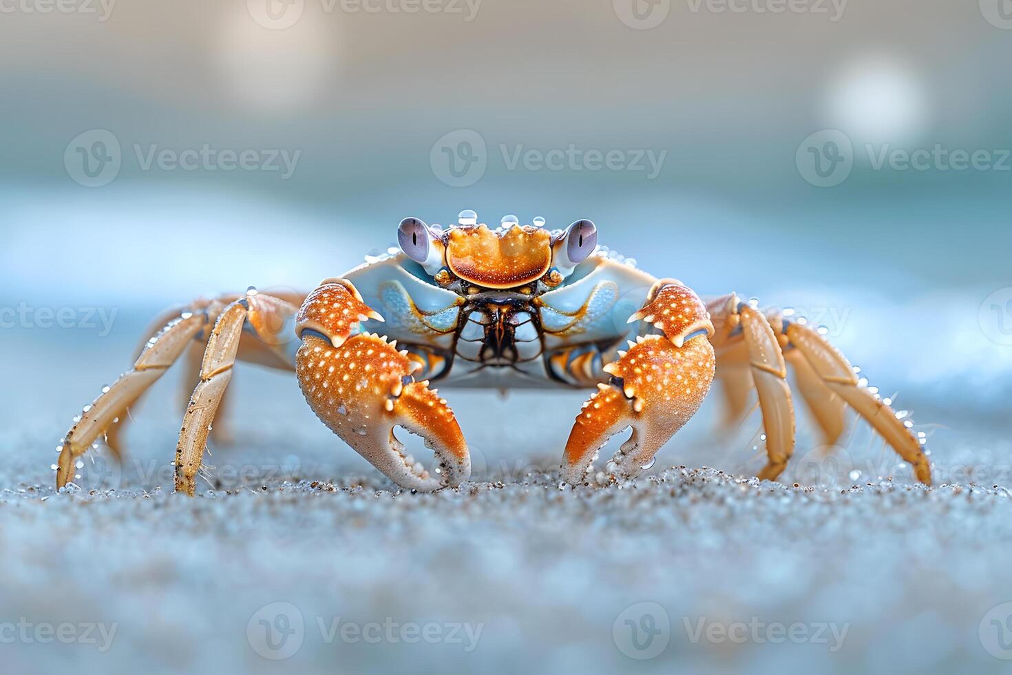 Electric blue crab crawls on beach, a terrestrial arthropod near ocean photo