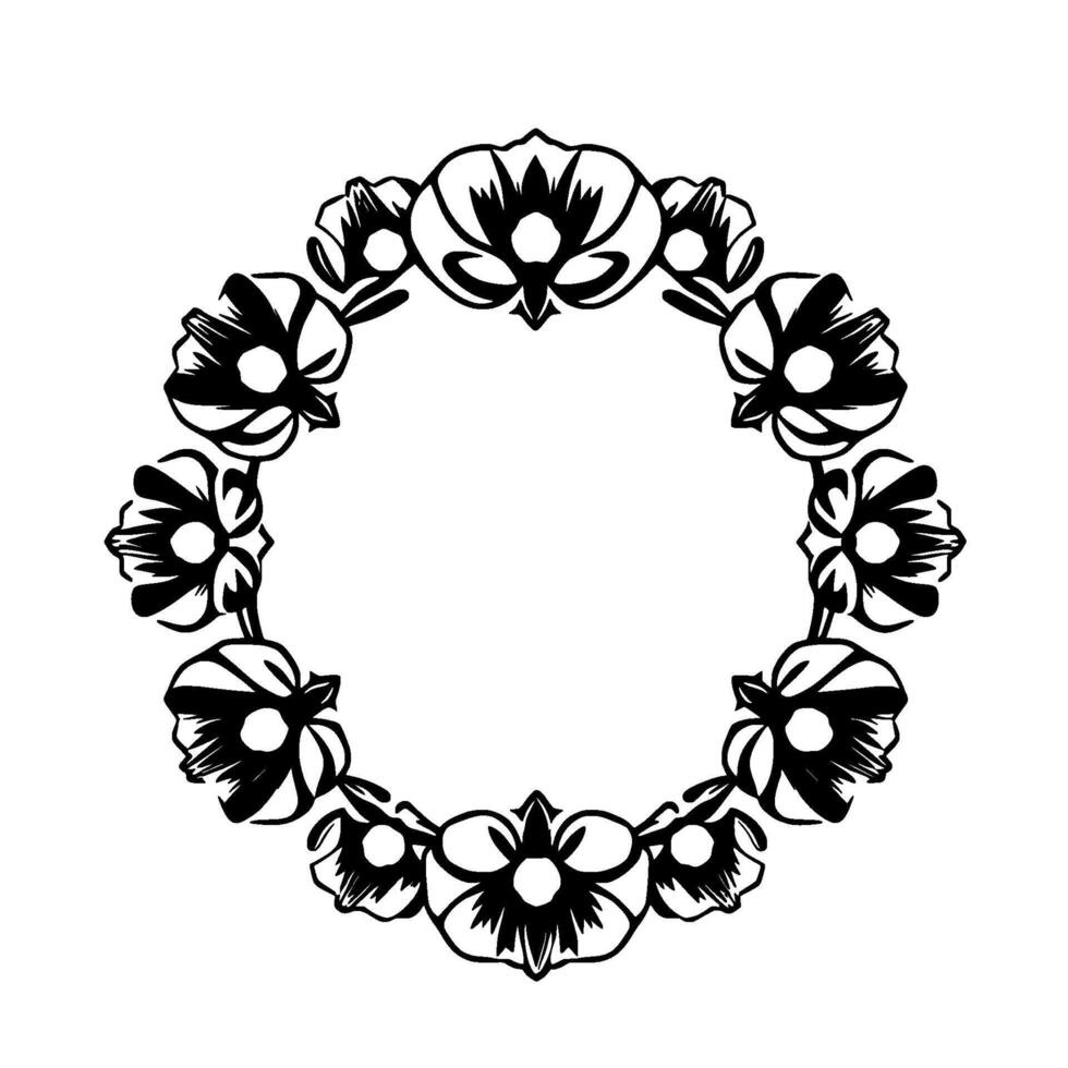 Intricate Black and White Floral Wreath, Circular Composition, Detailed Botanical , Isolated on White Background. vector