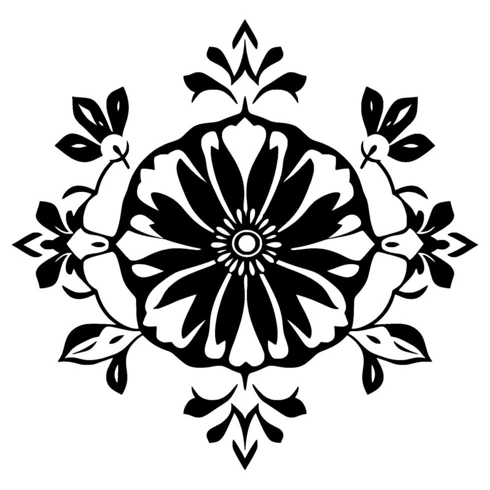 Symmetrical Floral in Black and White, Featuring a Large Central Bloom and Leafy Accents. vector