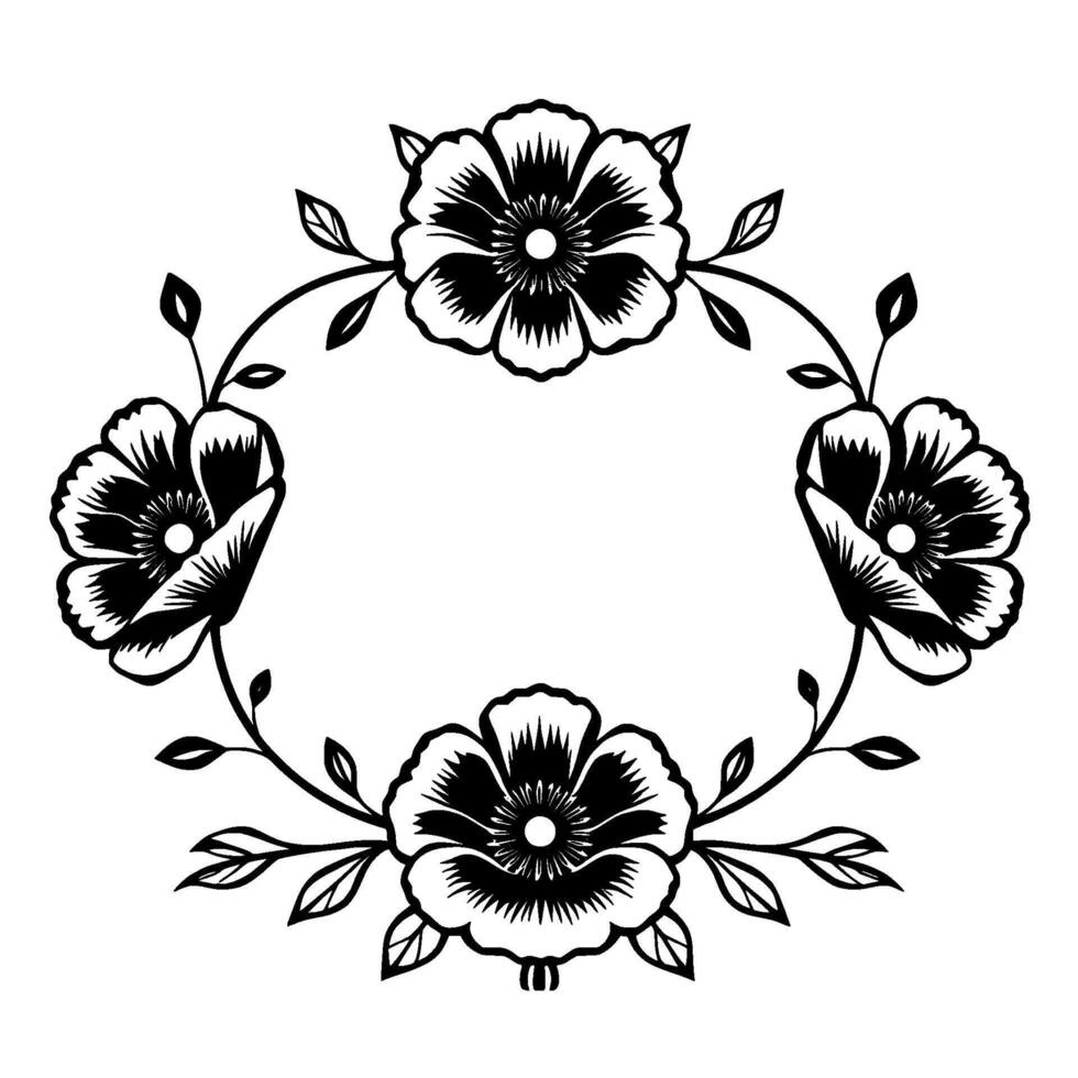 Elegant floral wreath, black and white, featuring four stylized poppies with detailed petals and leaves, forming a symmetrical, decorative . vector