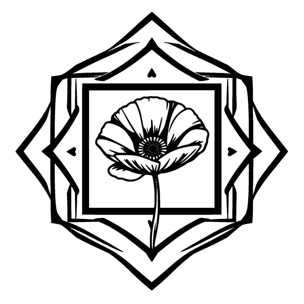 Monochrome Poppy in a Geometric Frame Delicate Floral Illustration with a Stylized Diamond and Square Border. vector