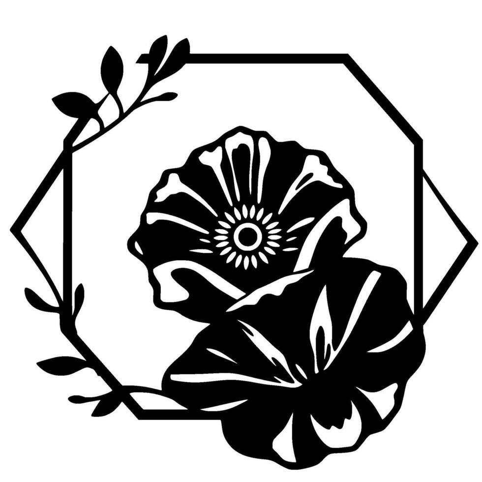 Black and white floral featuring two stylized blossoms, leafy branch, and a geometric frame, creating a artistic composition. vector