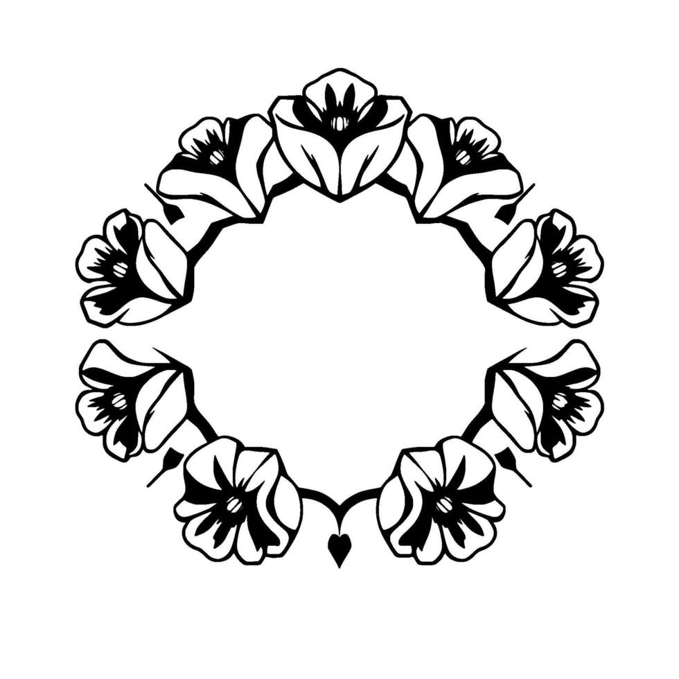 Elegant, symmetrical black and white floral wreath featuring stylized flower outlines arranged in a circular pattern, with negative space center. vector