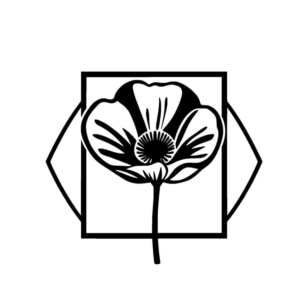 Minimalist Black and White Flower Within Square and Diamond, Nature Inspired Geometric for or Decorative use. vector