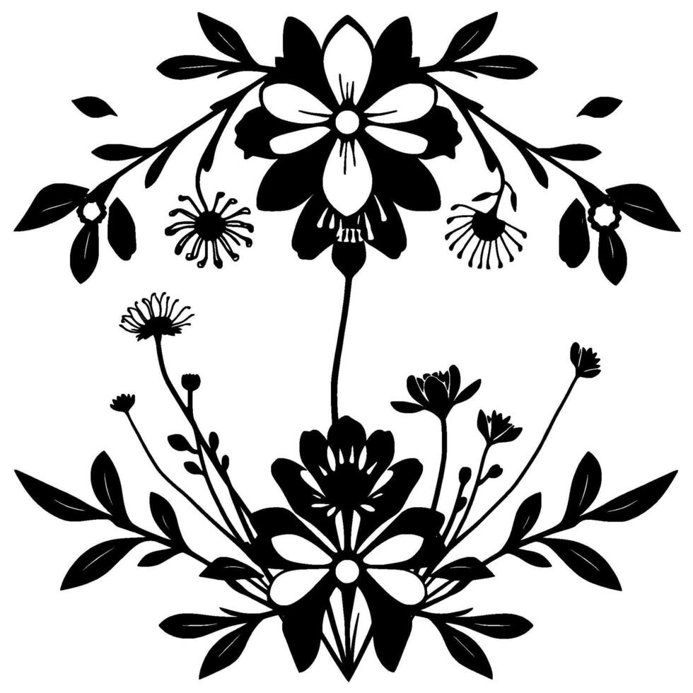Symmetrical Botanical Illustration A Black White Floral Composition Featuring Diverse Blooms, Leaves, and Delicate Stem Designs. vector