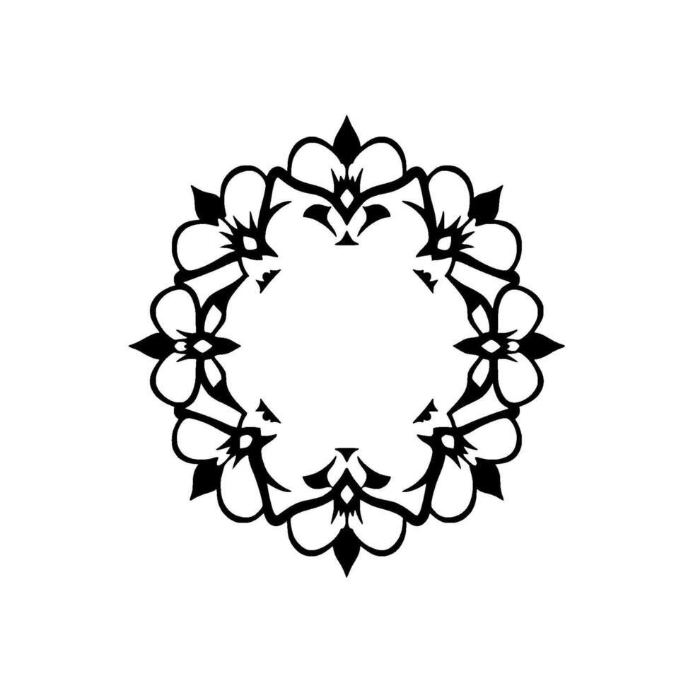 Elegant Black and White Floral Motif A symmetrical, stylized circular composed of blooming flowers and decorative elements, perfect for branding and . vector