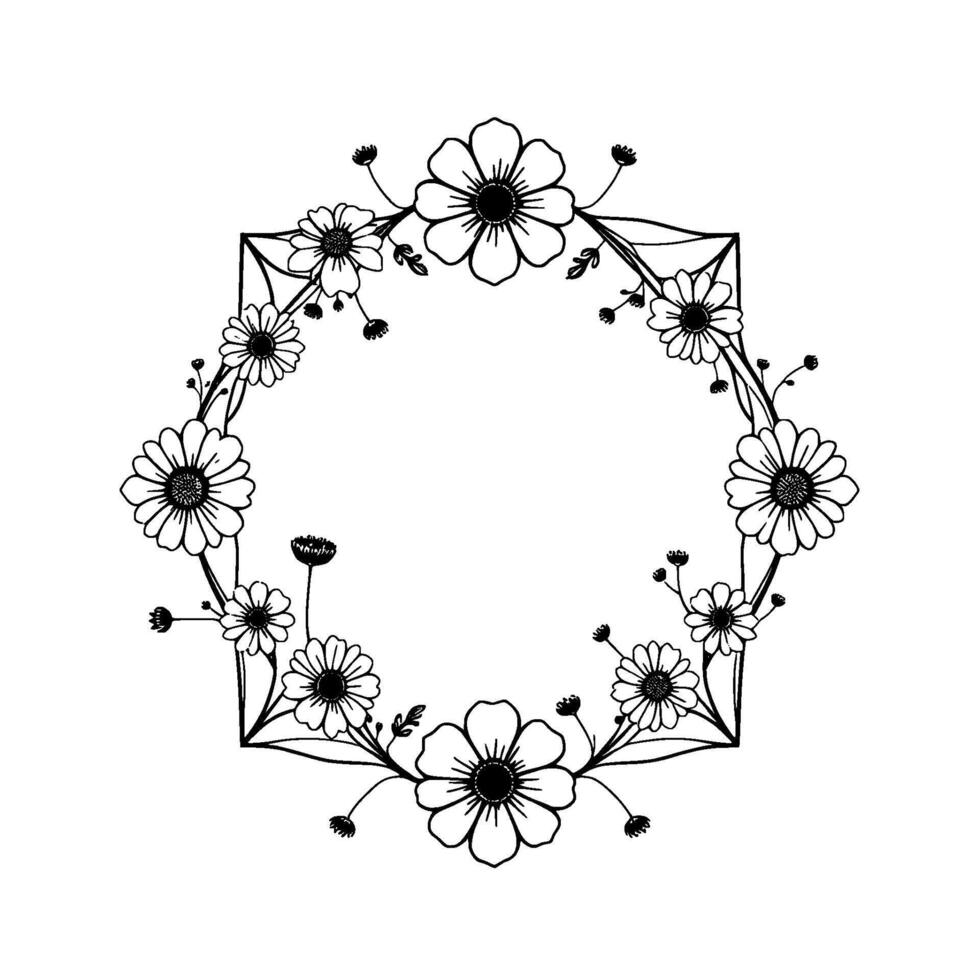 Detailed black and white floral wreath , with various daisylike blossoms and geometric framing around empty center, perfect for delicate embellishments. vector