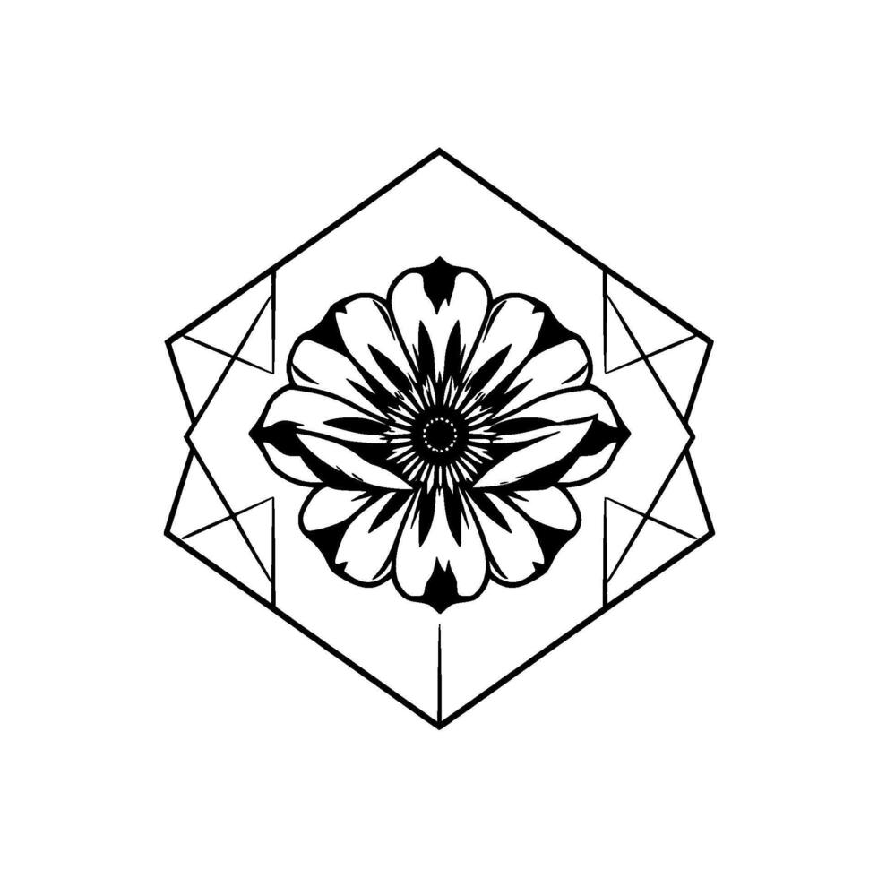 Symmetric Black and White Floral Mandala Inside Geometric Frame on White Background vector