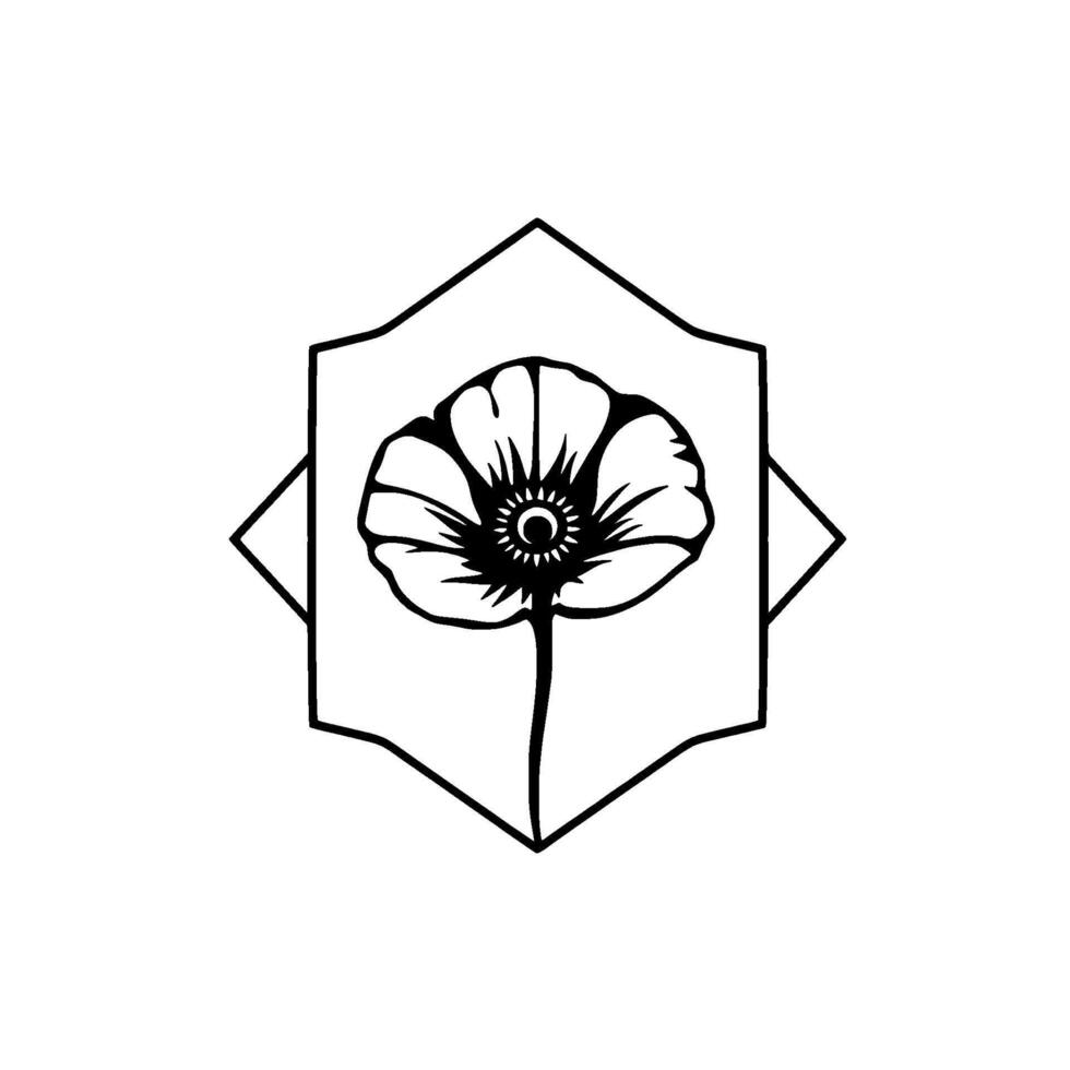 Intricate Black and White Floral Emblem Featuring a Detailed Poppy Within a Geometric Shield. vector