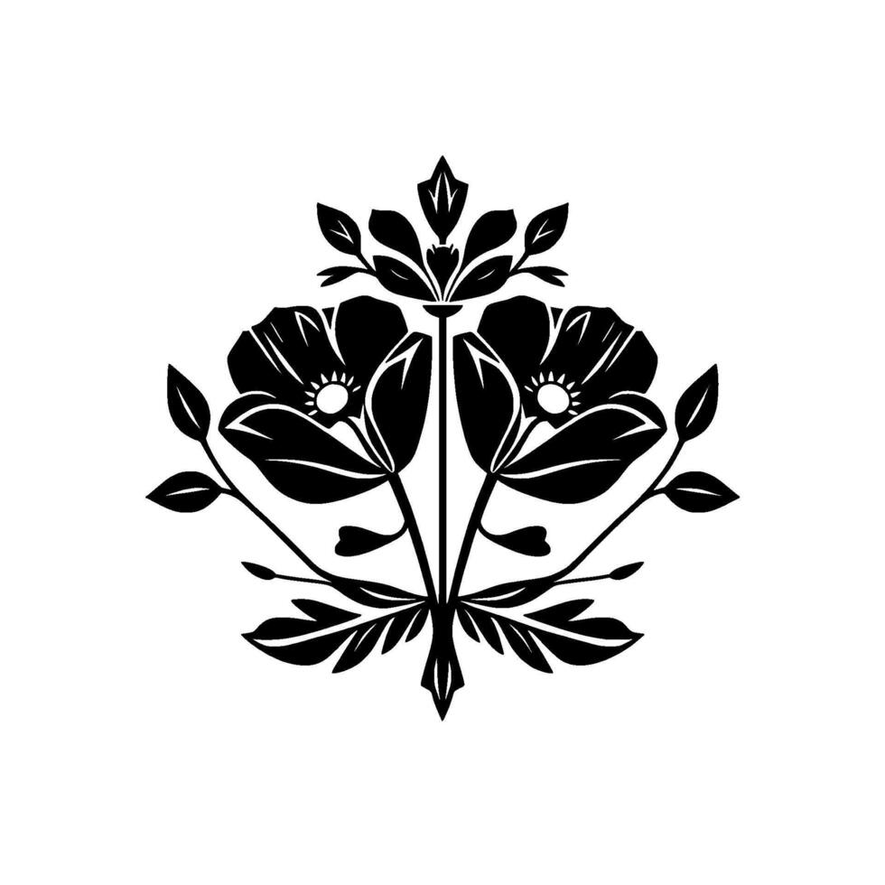 Symmetrical Black and White Floral with Two Poppies, Leaves, and Ornamental Details Against a White Background. vector