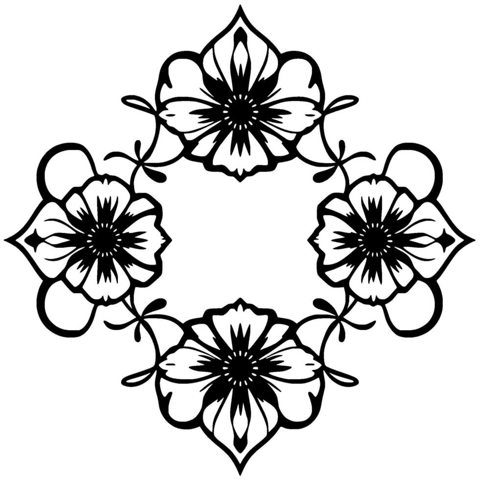 Symmetrical Floral A Black and White Geometric Arrangement of Four Stylized Flowers with Intricate Petal Details, Forming a Central Diamond Shape. vector