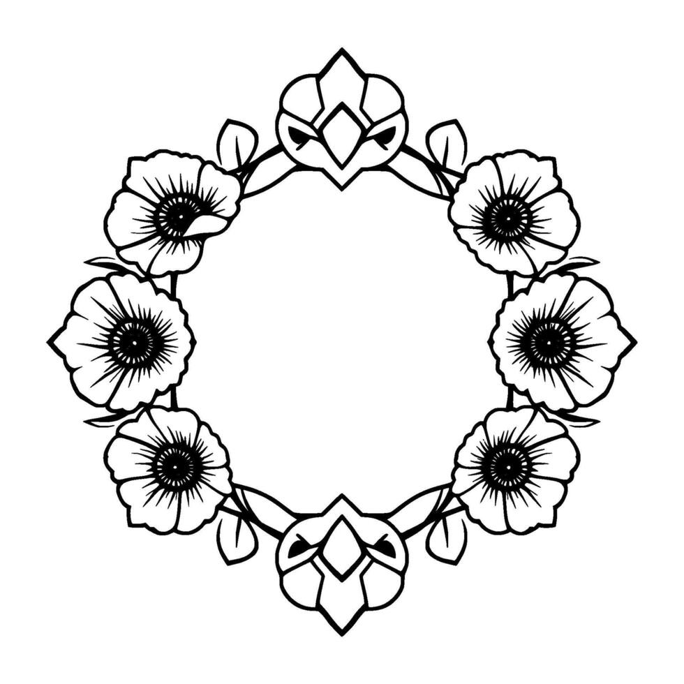 Intricate black and white floral wreath featuring stylized poppy blooms, geometric accents, and a circular layout on a white background. vector
